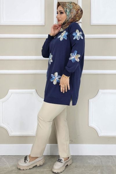 PYS KADIN DİKME ÇİÇEK AKSESUARLI TESETTÜR TUNİK LACİVERT  MAVİ - 4 BEDEN