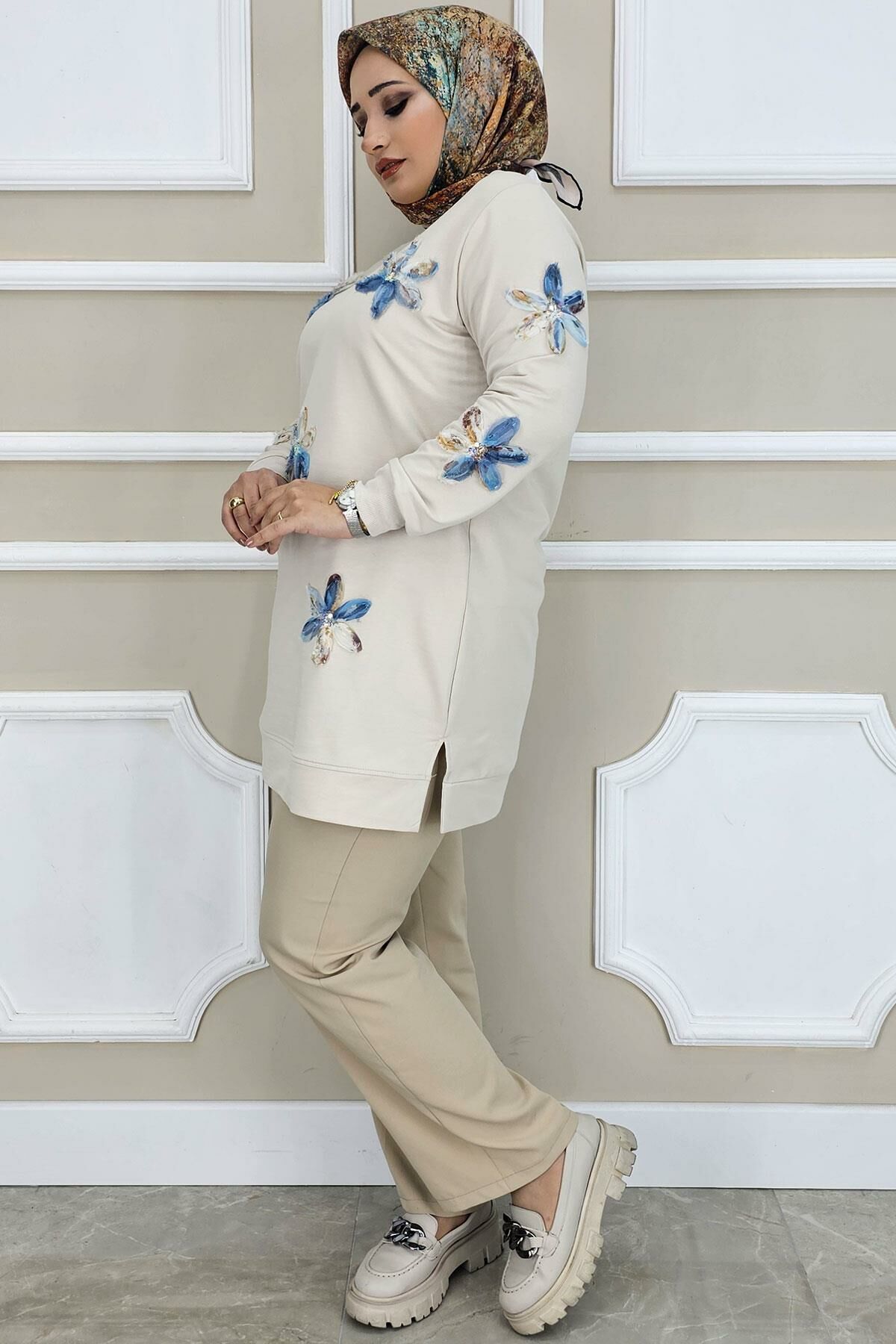 PYS KADIN DİKME ÇİÇEK AKSESUARLI TESETTÜR TUNİK TAŞ MAVİ - 2 BEDEN