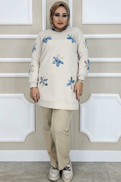 PYS KADIN DİKME ÇİÇEK AKSESUARLI TESETTÜR TUNİK TAŞ MAVİ - 4 BEDEN