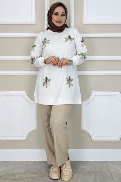 PYS KADIN DİKME ÇİÇEK AKSESUARLI TESETTÜR TUNİK EKRU YEŞİL - 5 BEDEN