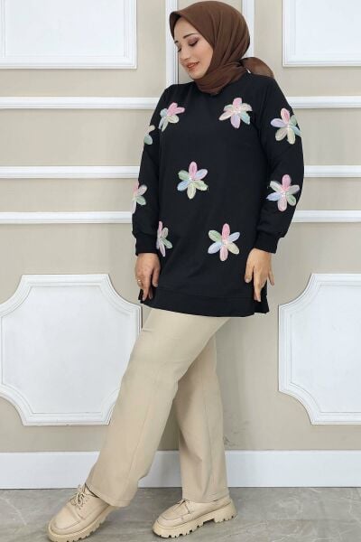 PYS KADIN DİKME ÇİÇEK AKSESUARLI TESETTÜR TUNİK SİYAH PUDRA - 2 BEDEN