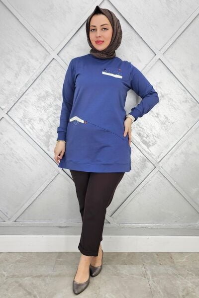 KADIN KOMBİN TAŞ DETAYLI TESETTÜR TUNİK İNDİGO - XL