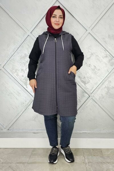 KADIN KAPİTONE CEPLERİ DÜĞME DETAYLI KAPİTONE YELEK ANTRSİT - 4 BEDEN