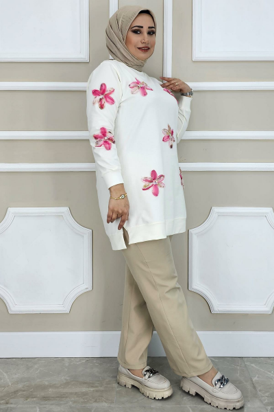 PYS KADIN DİKME ÇİÇEK AKSESUARLI TESETTÜR TUNİK EKRU PEMBE - 3 BEDEN