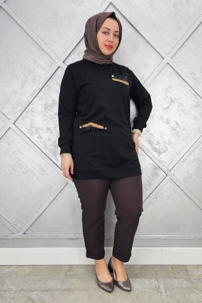 KADIN KOMBİN TAŞ DETAYLI TESETTÜR TUNİK SİYAH - 2XL
