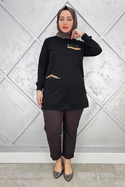 KADIN KOMBİN TAŞ DETAYLI TESETTÜR TUNİK SİYAH - 2XL