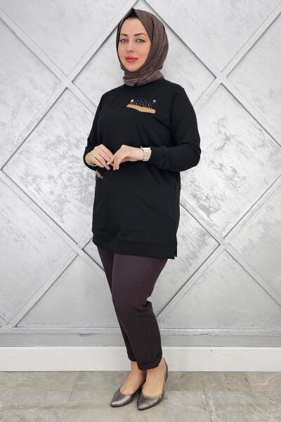 KADIN KOMBİN TAŞ DETAYLI TESETTÜR TUNİK SİYAH - 2XL