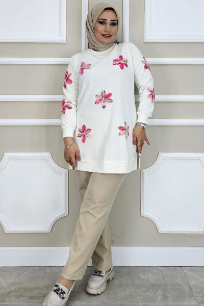 PYS KADIN DİKME ÇİÇEK AKSESUARLI TESETTÜR TUNİK EKRU PEMBE - 4 BEDEN