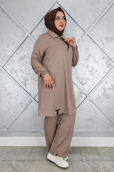 KADIN DÜĞME DETAYLI TESETTÜR TAKIM VİZON - 5 BEDEN