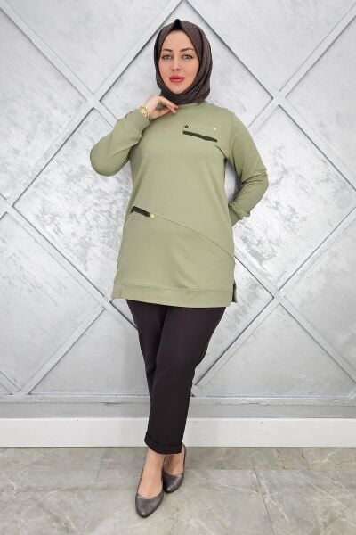 KADIN KOMBİN TAŞ DETAYLI TESETTÜR TUNİK MİNT YEŞİLİ - 3XL