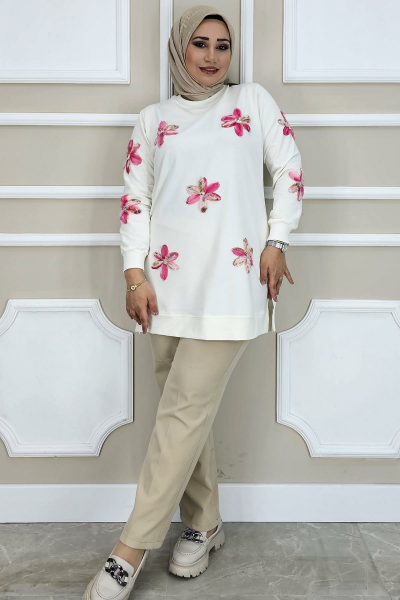 PYS KADIN DİKME ÇİÇEK AKSESUARLI TESETTÜR TUNİK EKRU PEMBE - 5 BEDEN