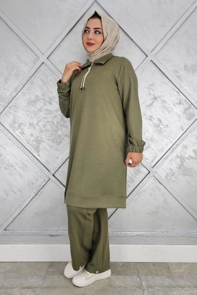 KADIN DÜĞME DETAYLI TESETTÜR TAKIM HAKİ - 2 BEDEN