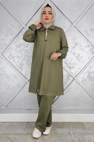 KADIN DÜĞME DETAYLI TESETTÜR TAKIM HAKİ - 2 BEDEN