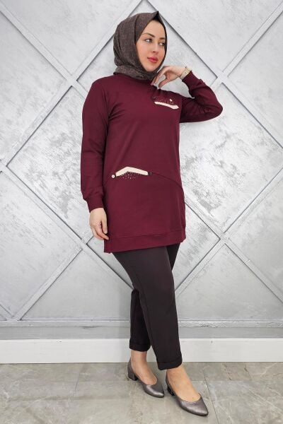 KADIN KOMBİN TAŞ DETAYLI TESETTÜR TUNİK BORDO - L