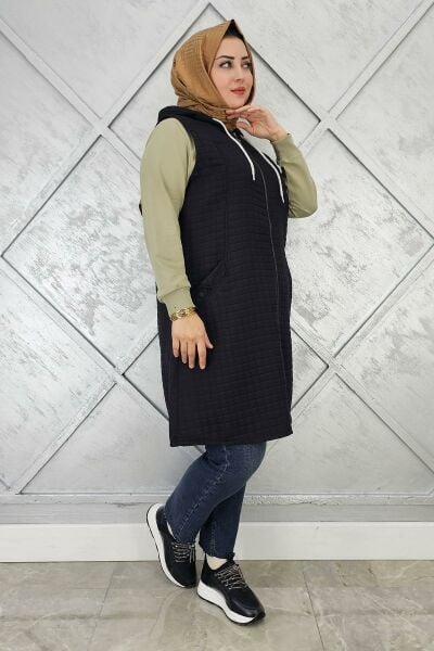 KADIN KAPİTONE CEPLERİ DÜĞME DETAYLI KAPİTONE YELEK SİYAH - 3 BEDEN