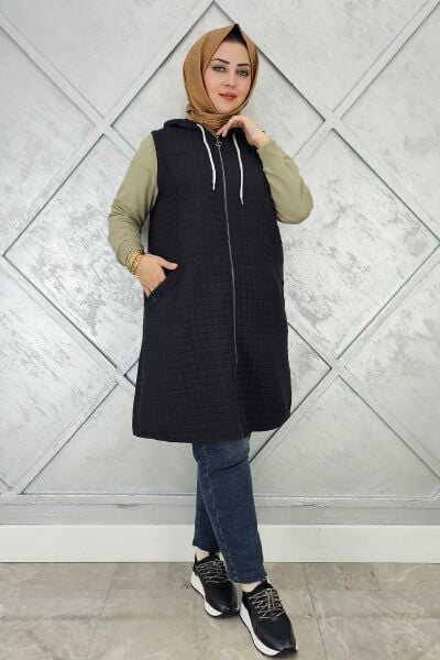 KADIN KAPİTONE CEPLERİ DÜĞME DETAYLI KAPİTONE YELEK SİYAH - 3 BEDEN