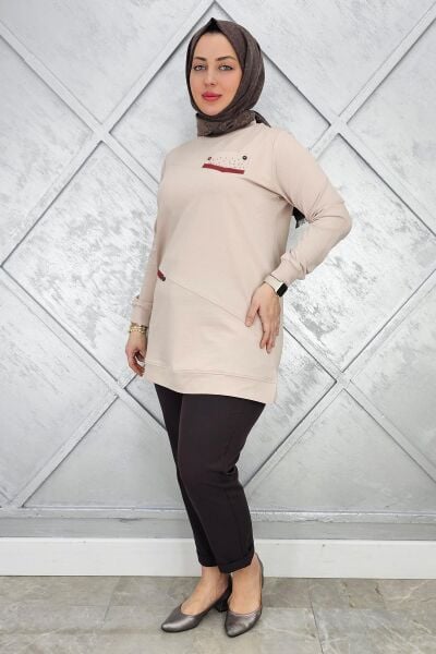 KADIN KOMBİN TAŞ DETAYLI TESETTÜR TUNİK BEJ - XL