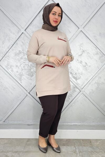 KADIN KOMBİN TAŞ DETAYLI TESETTÜR TUNİK BEJ - XL