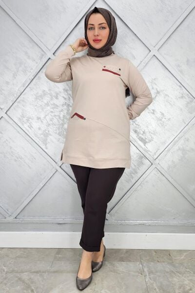 KADIN KOMBİN TAŞ DETAYLI TESETTÜR TUNİK BEJ - XL