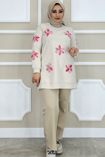 PYS KADIN DİKME ÇİÇEK AKSESUARLI TESETTÜR TUNİK TAŞ PEMBE - 5 BEDEN