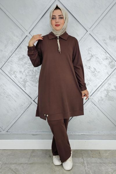 KADIN DÜĞME DETAYLI TESETTÜR TAKIM KAHVERENGİ - 3 BEDEN