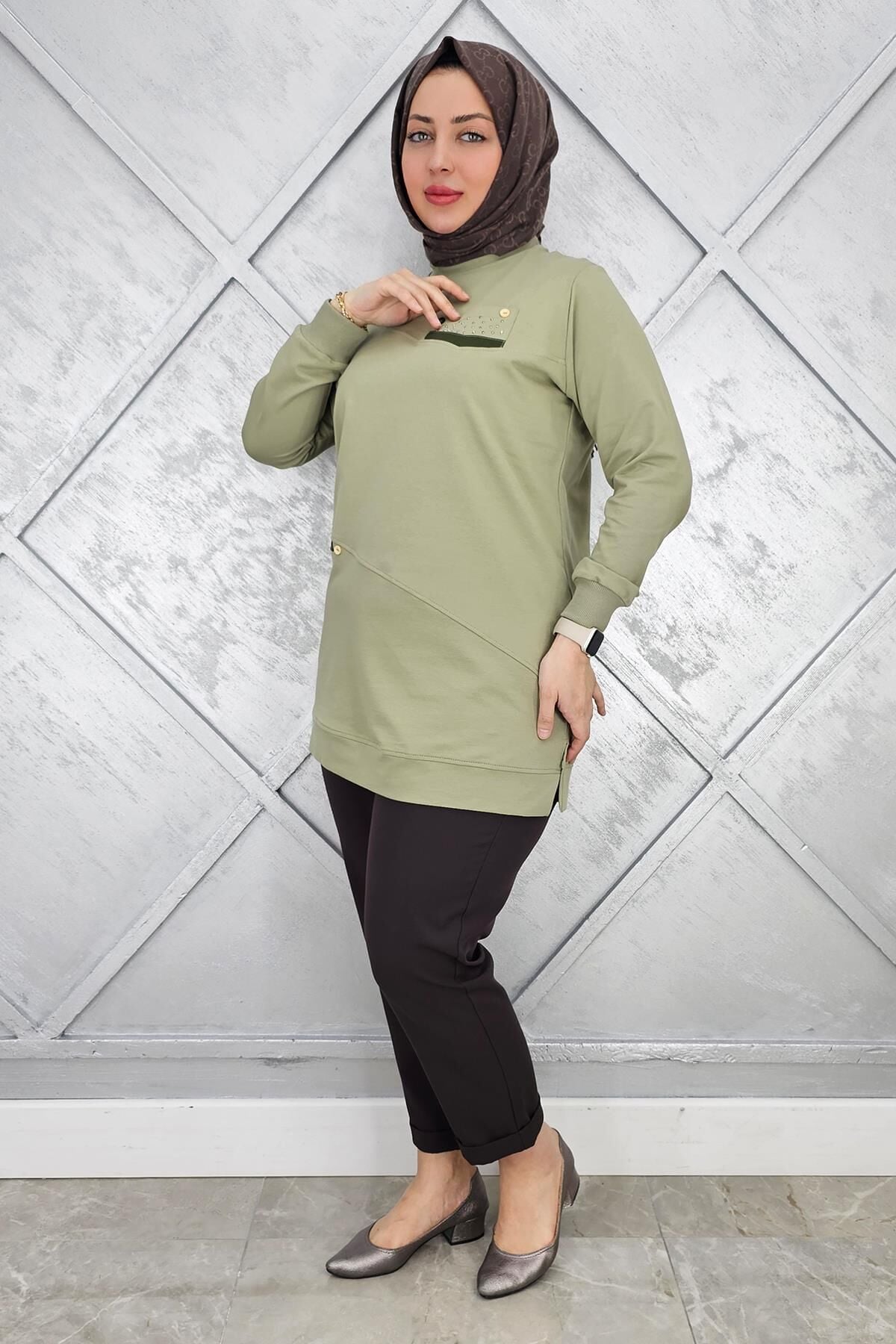 KADIN KOMBİN TAŞ DETAYLI TESETTÜR TUNİK MİNT YEŞİLİ - 2XL