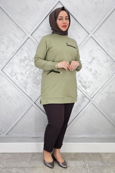 KADIN KOMBİN TAŞ DETAYLI TESETTÜR TUNİK MİNT YEŞİLİ - 2XL