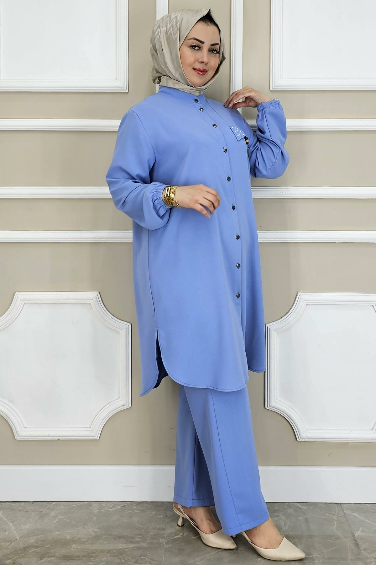 PYS KADIN SALLANTI AKSESUARLI HAKİM YAKA TESETTÜR TAKIM MAVİ - 5 BEDEN
