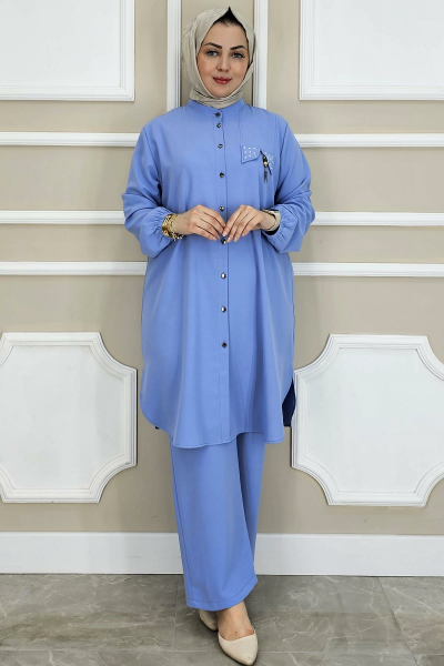 PYS KADIN SALLANTI AKSESUARLI HAKİM YAKA TESETTÜR TAKIM MAVİ - 5 BEDEN