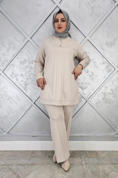 KADINFERMUAR DETAYLI TESETTÜR TAKIM BEJ - 5 BEDEN