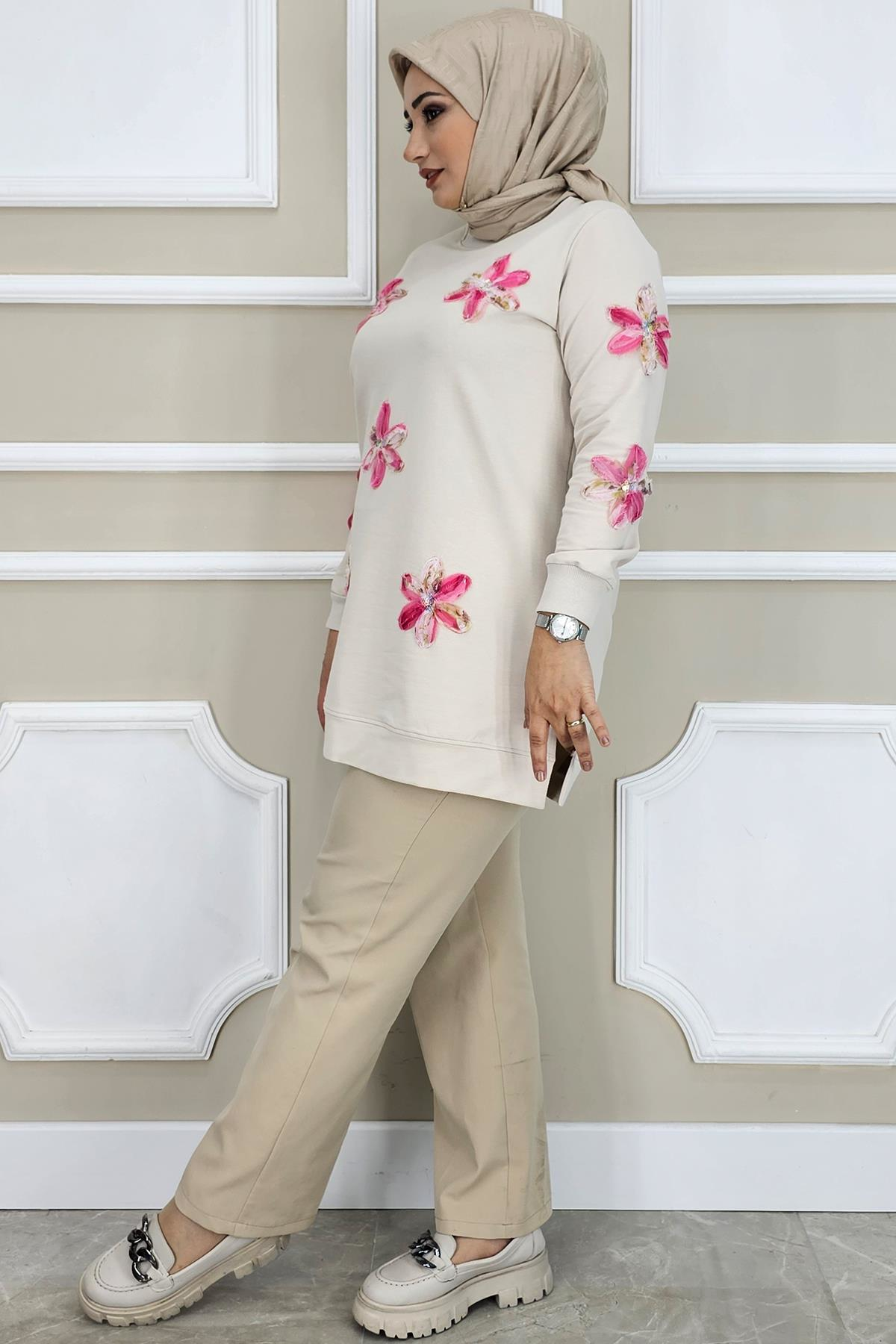 PYS KADIN DİKME ÇİÇEK AKSESUARLI TESETTÜR TUNİK TAŞ PEMBE - 2 BEDEN