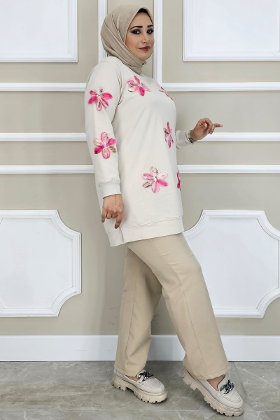 PYS KADIN DİKME ÇİÇEK AKSESUARLI TESETTÜR TUNİK TAŞ PEMBE - 2 BEDEN