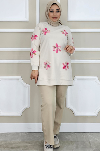 PYS KADIN DİKME ÇİÇEK AKSESUARLI TESETTÜR TUNİK TAŞ PEMBE - 2 BEDEN