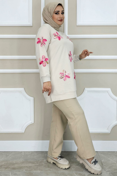 PYS KADIN DİKME ÇİÇEK AKSESUARLI TESETTÜR TUNİK TAŞ PEMBE - 3 BEDEN