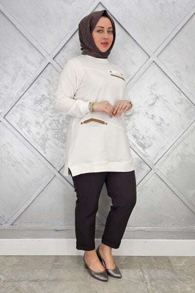 KADIN KOMBİN TAŞ DETAYLI TESETTÜR TUNİK EKRU - 3XL