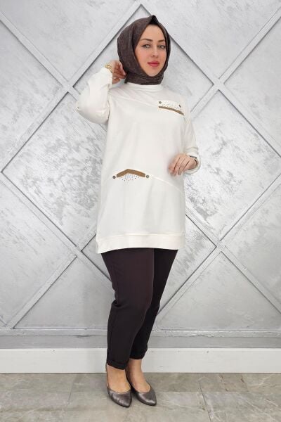 KADIN KOMBİN TAŞ DETAYLI TESETTÜR TUNİK EKRU - 3XL