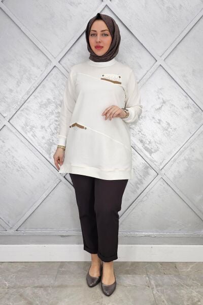 KADIN KOMBİN TAŞ DETAYLI TESETTÜR TUNİK EKRU - 3XL