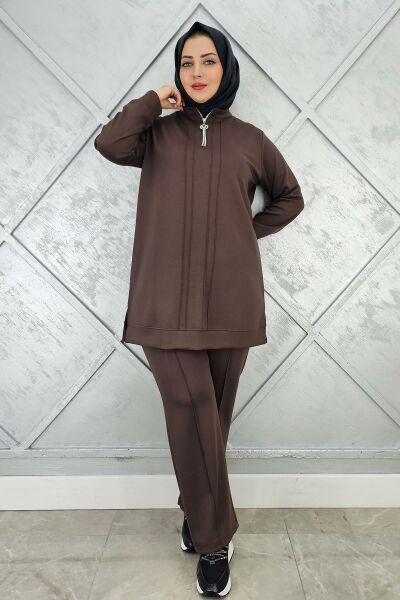 KADINFERMUAR DETAYLI TESETTÜR TAKIM KAHVERENGİ - 4 BEDEN