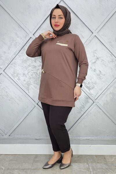 KADIN KOMBİN TAŞ DETAYLI TESETTÜR TUNİK VİZON - XL