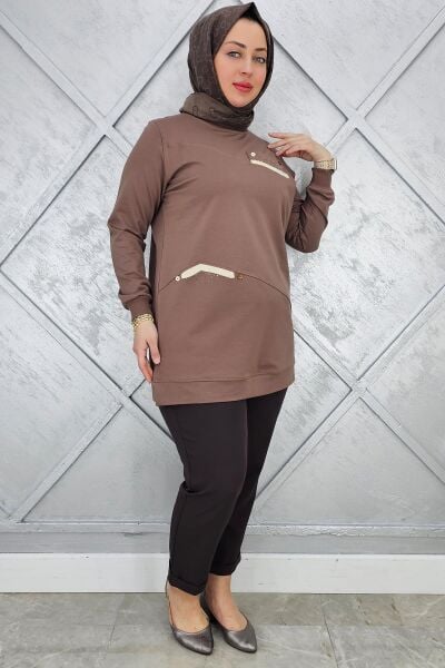 KADIN KOMBİN TAŞ DETAYLI TESETTÜR TUNİK VİZON - XL