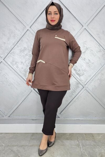 KADIN KOMBİN TAŞ DETAYLI TESETTÜR TUNİK VİZON - XL