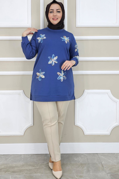 PYS KADIN DİKME ÇİÇEK AKSESUARLI TESETTÜR TUNİK İNDİGO - 5 BEDEN