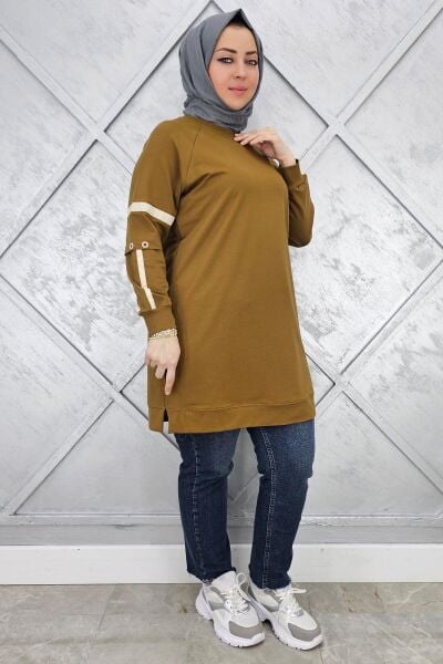 KADIN KOLLARI KUŞGÖZÜ AKSESUARLI TESETTÜR TUNİK YAĞ YEŞİLİ - 5 BEDEN