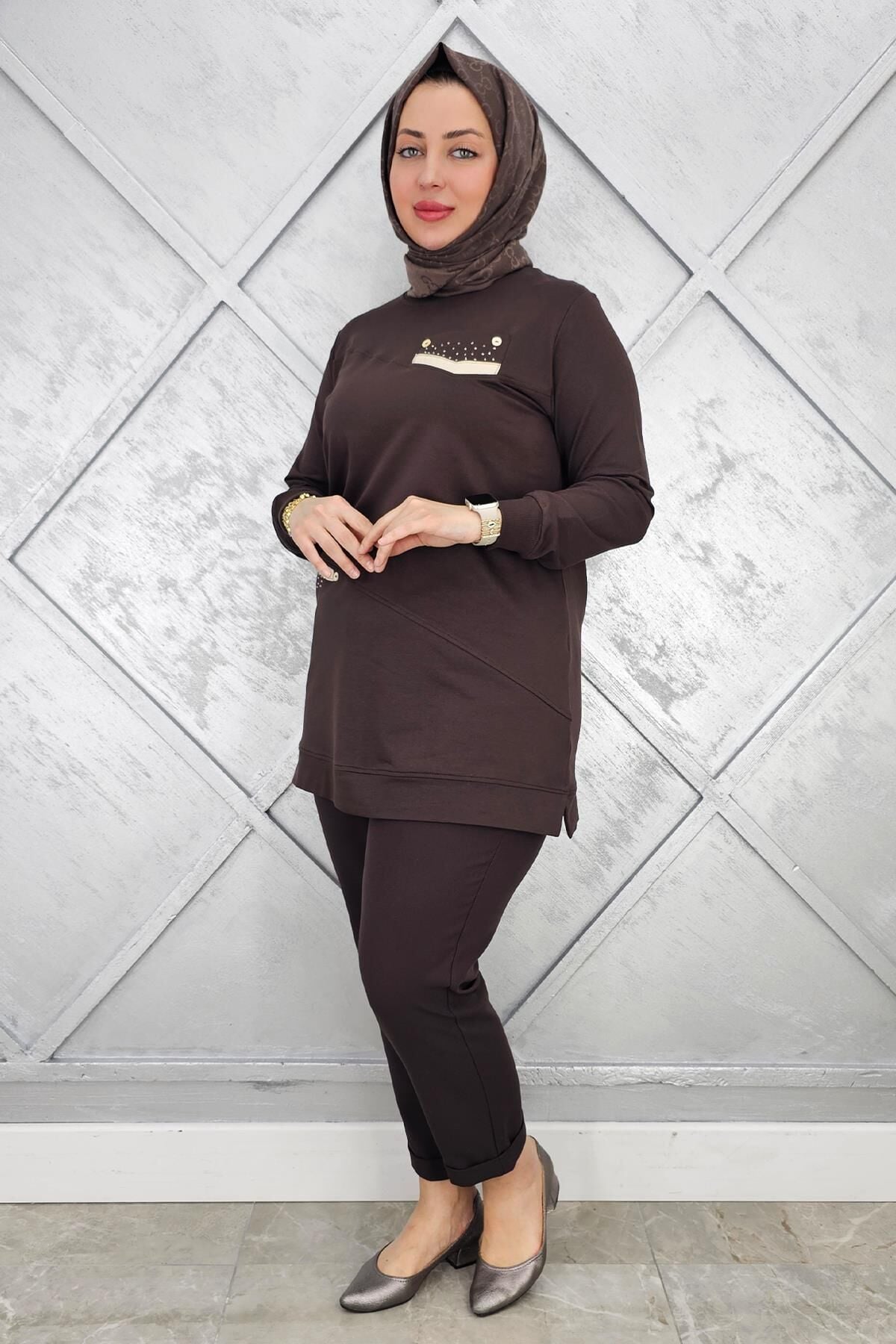 KADIN KOMBİN TAŞ DETAYLI TESETTÜR TUNİK KAHVERENGİ - 2XL