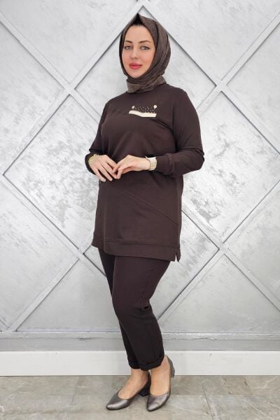 KADIN KOMBİN TAŞ DETAYLI TESETTÜR TUNİK KAHVERENGİ - 2XL