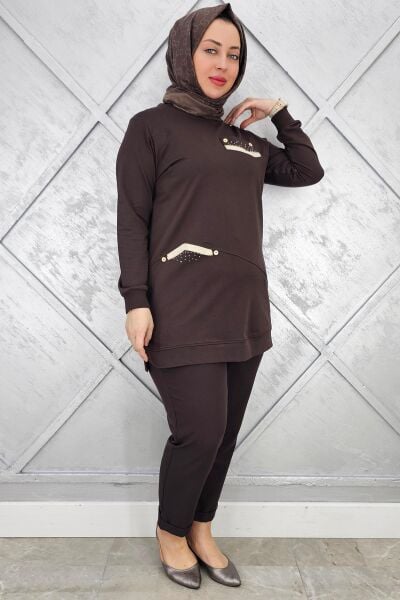KADIN KOMBİN TAŞ DETAYLI TESETTÜR TUNİK KAHVERENGİ - 2XL