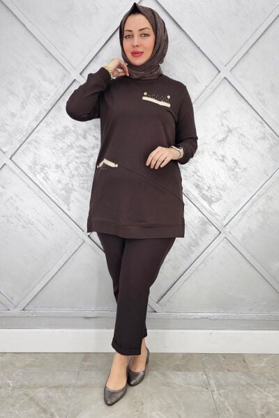 KADIN KOMBİN TAŞ DETAYLI TESETTÜR TUNİK KAHVERENGİ - 2XL