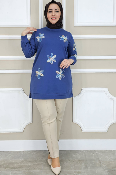 PYS KADIN DİKME ÇİÇEK AKSESUARLI TESETTÜR TUNİK İNDİGO - 2 BEDEN