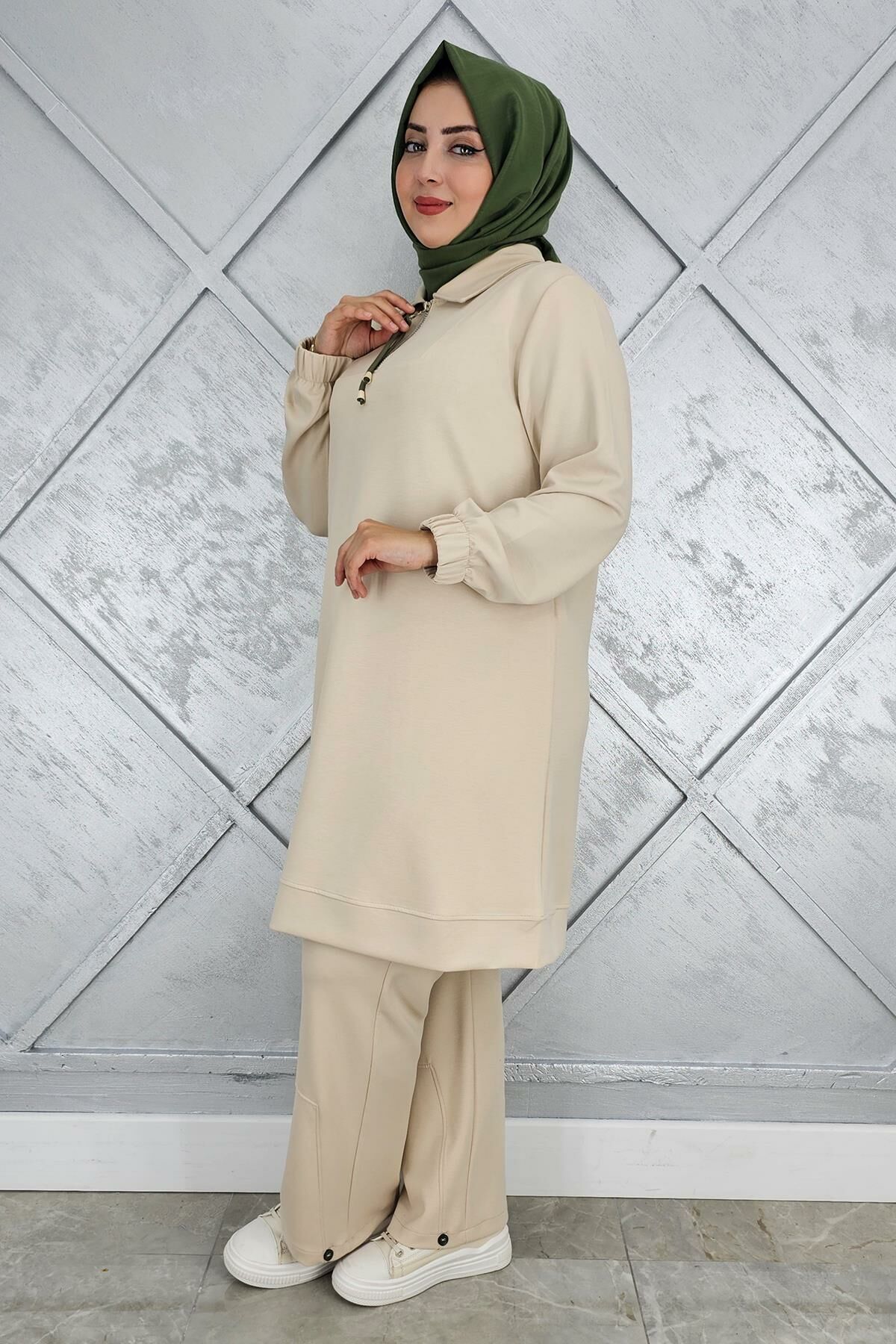 KADIN DÜĞME DETAYLI TESETTÜR TAKIM BEJ - 3 BEDEN