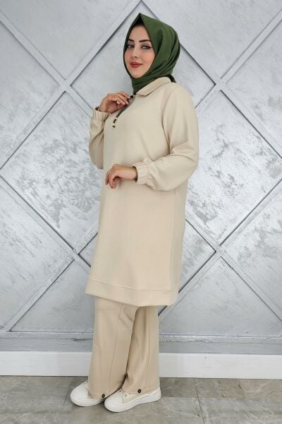 KADIN DÜĞME DETAYLI TESETTÜR TAKIM BEJ - 3 BEDEN